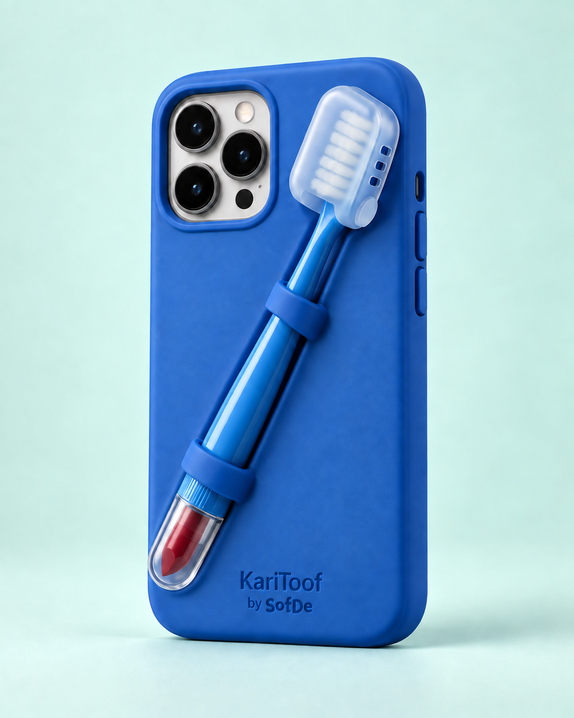 Cobalt KariToof phone case with a diagonal matching toothbrush, protected bristles, and berry red lipstick visible through a clear cap at the handle base.