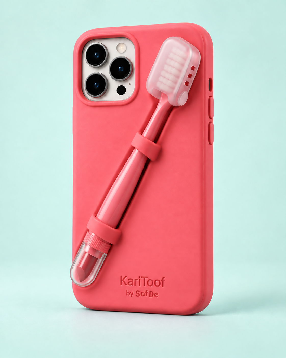 Coral KariToof phone case with a diagonal matching toothbrush, protected bristles, and rose pink lipstick visible through a clear cap at the handle base.