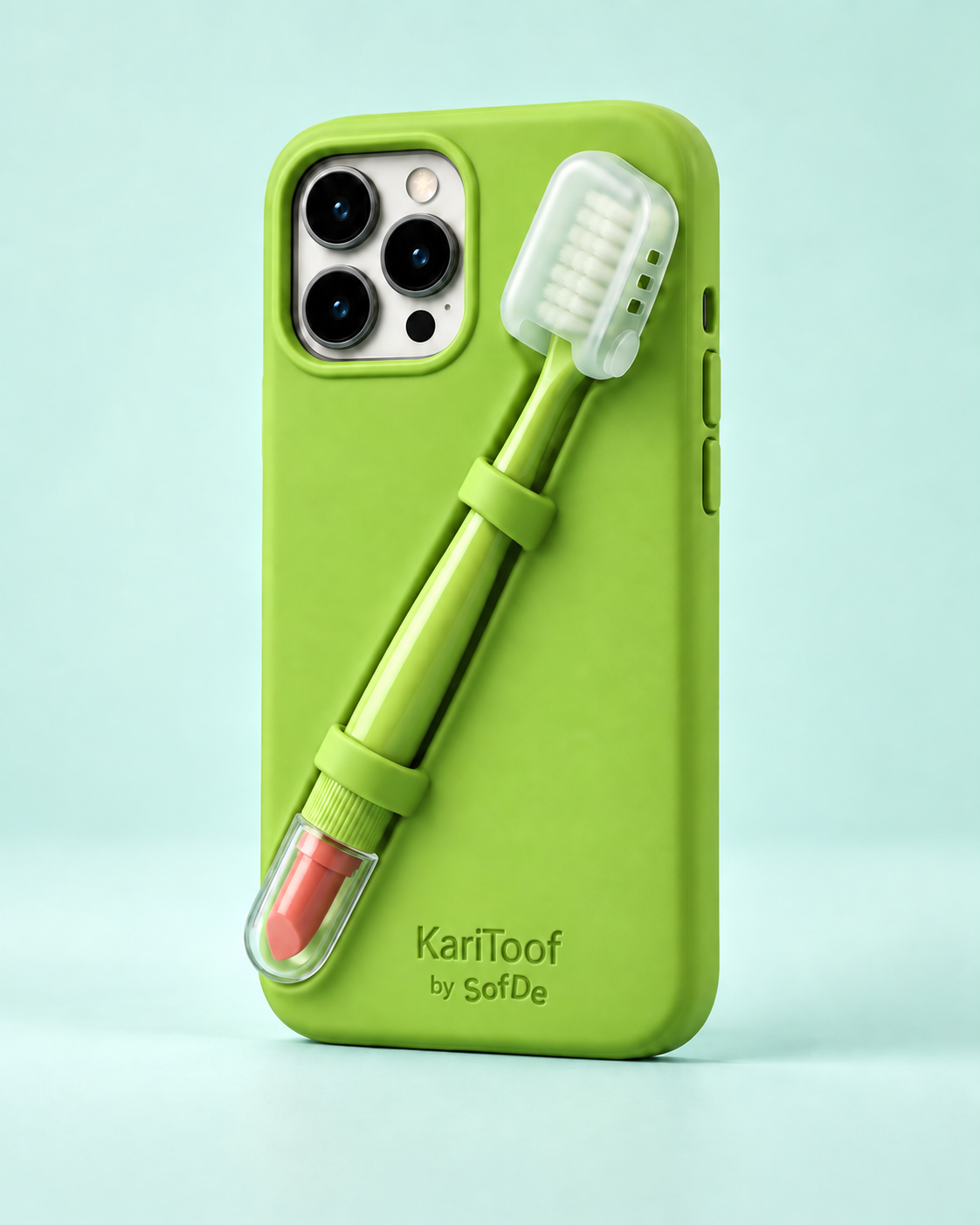 Lime KariToof phone case with a diagonal matching toothbrush, protected bristles, and peach coral lipstick visible through a clear cap at the handle base.