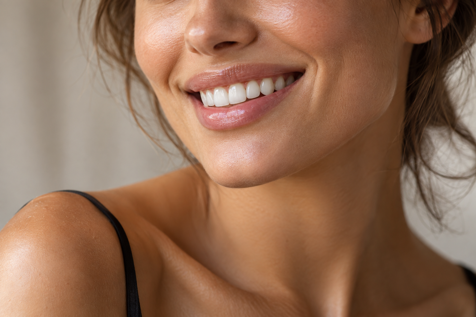 Close-up of softly glossy lips and a bright, natural-looking smile.